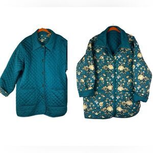 💚🩵 Denim & Co Reversible Quilted Floral Barn Jacket 2X Turquoise/Teal